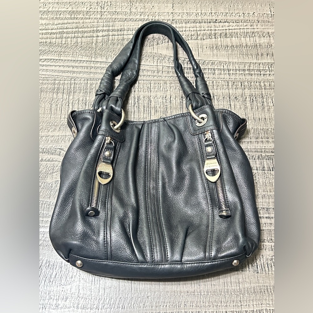 B. Makowsky Black Leather Shoulder Bag with Silver Accents